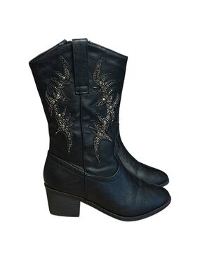 Black Western-Style Mid-Calf Heeled Boots with Stud Embellishment